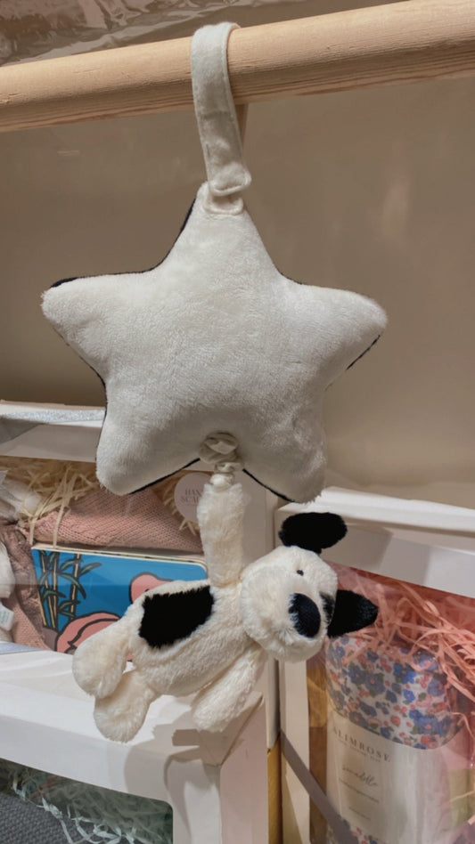 Jellycat Bashful Black and Cream Puppy Musicial Pull