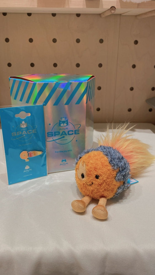 Jellycat Space Comet set with box and pin and sticker
