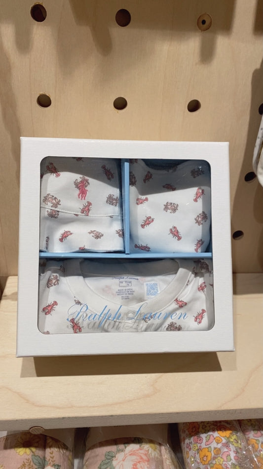 Crab-print Cotton 3-Piece Gift Set -Pink