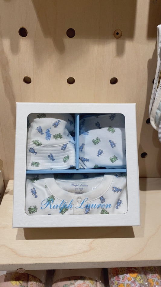 Crab-print Cotton 3-Piece Gift Set -Blue