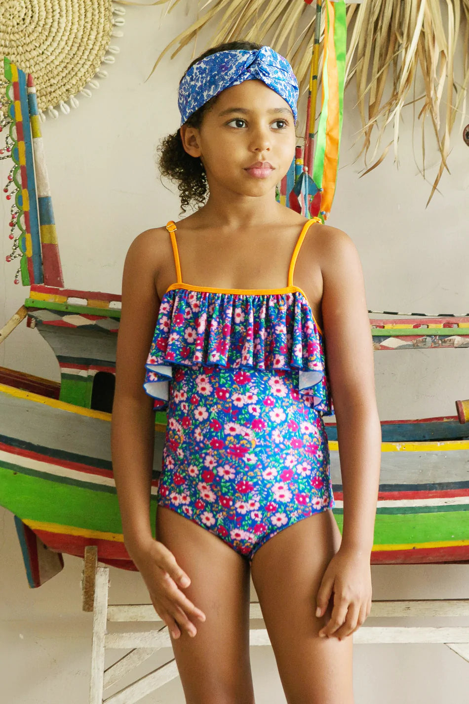 Coco and Ginger One Piece with Frill: Azure Indian Flowers