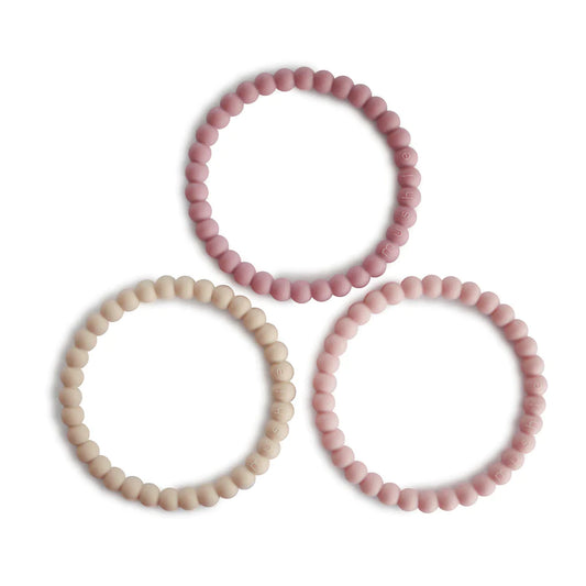 Mushie Pearl Teether Bracelet (Linen/Peony/Pale Pink)
