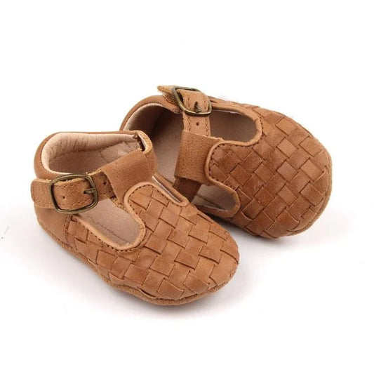 Consiously Baby Leather Woven T-Bar: Walnut (Soft Sole)