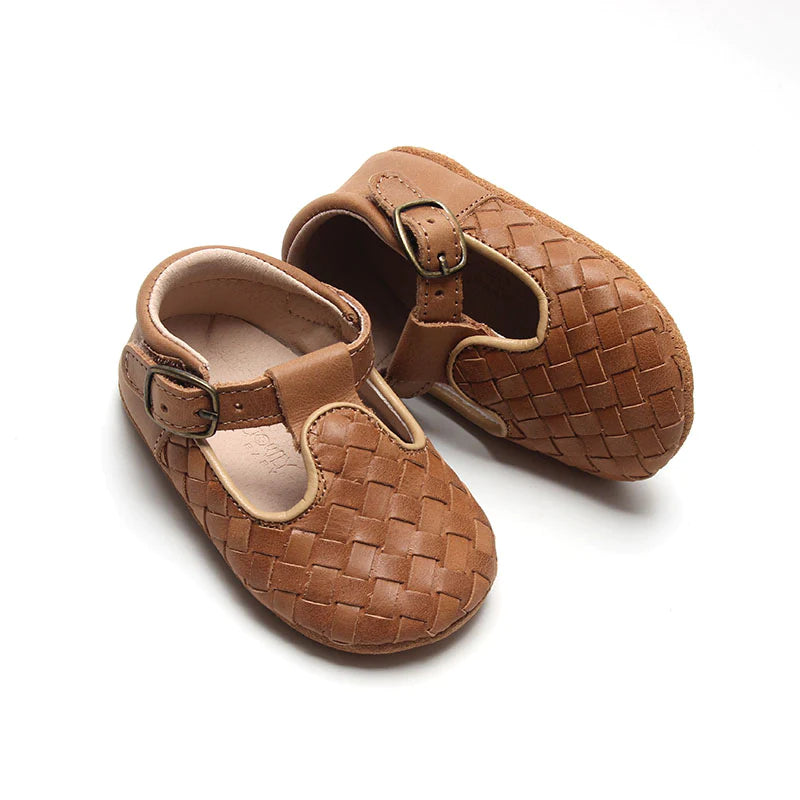 Consiously Baby Leather Woven T-Bar: Walnut (Soft Sole)